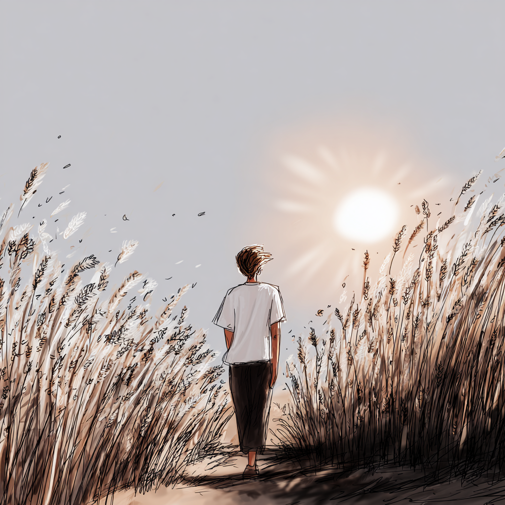 A figure walking through golden grain fields toward a glowing sun